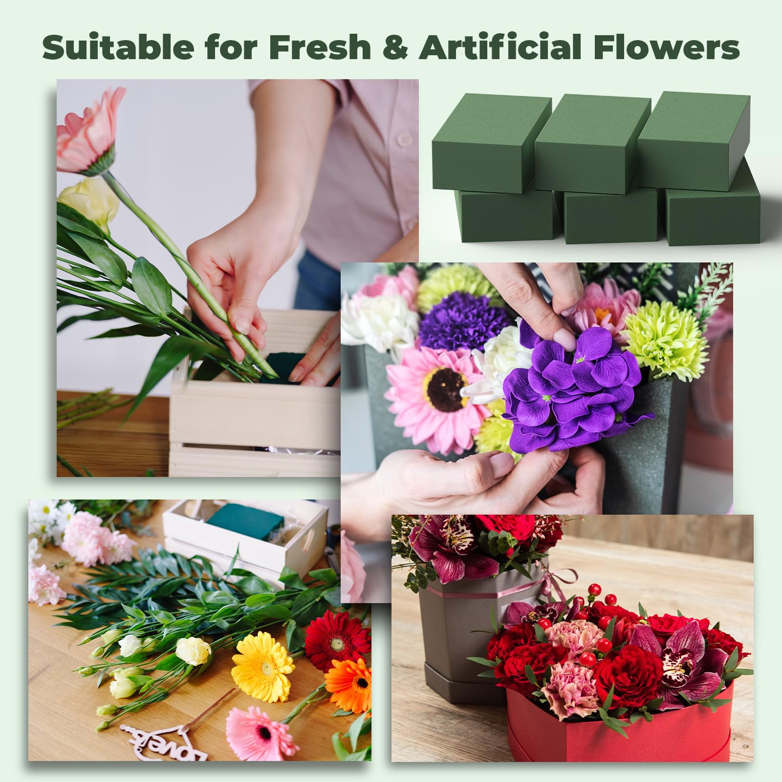 Upgraded 6 Pack Floral Flower Foam Blocks, Green Plant Foam for Flower Arrangements, Wet & Dry Florist Foam Styrofoam for Fresh and Artificial Flowers (5.5"L X 3.1"W X 1.6"H)