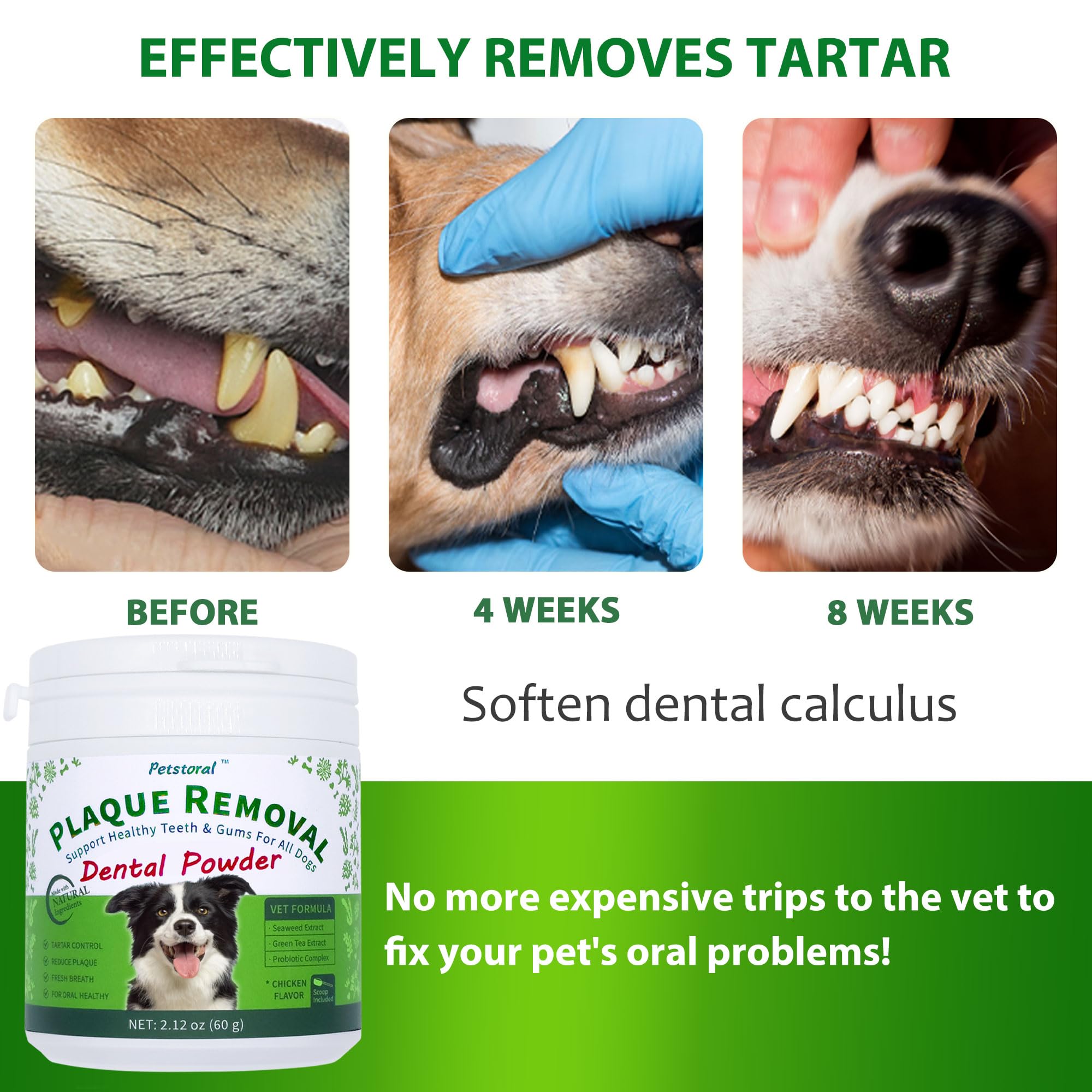 Petstoral Natural Dog Dental Powder, Dog Dental Care - Plaque Remover and Bad Breath Treatment, Healthy Gums & Fresh Breath for All Dogs and Cats 2 oz.