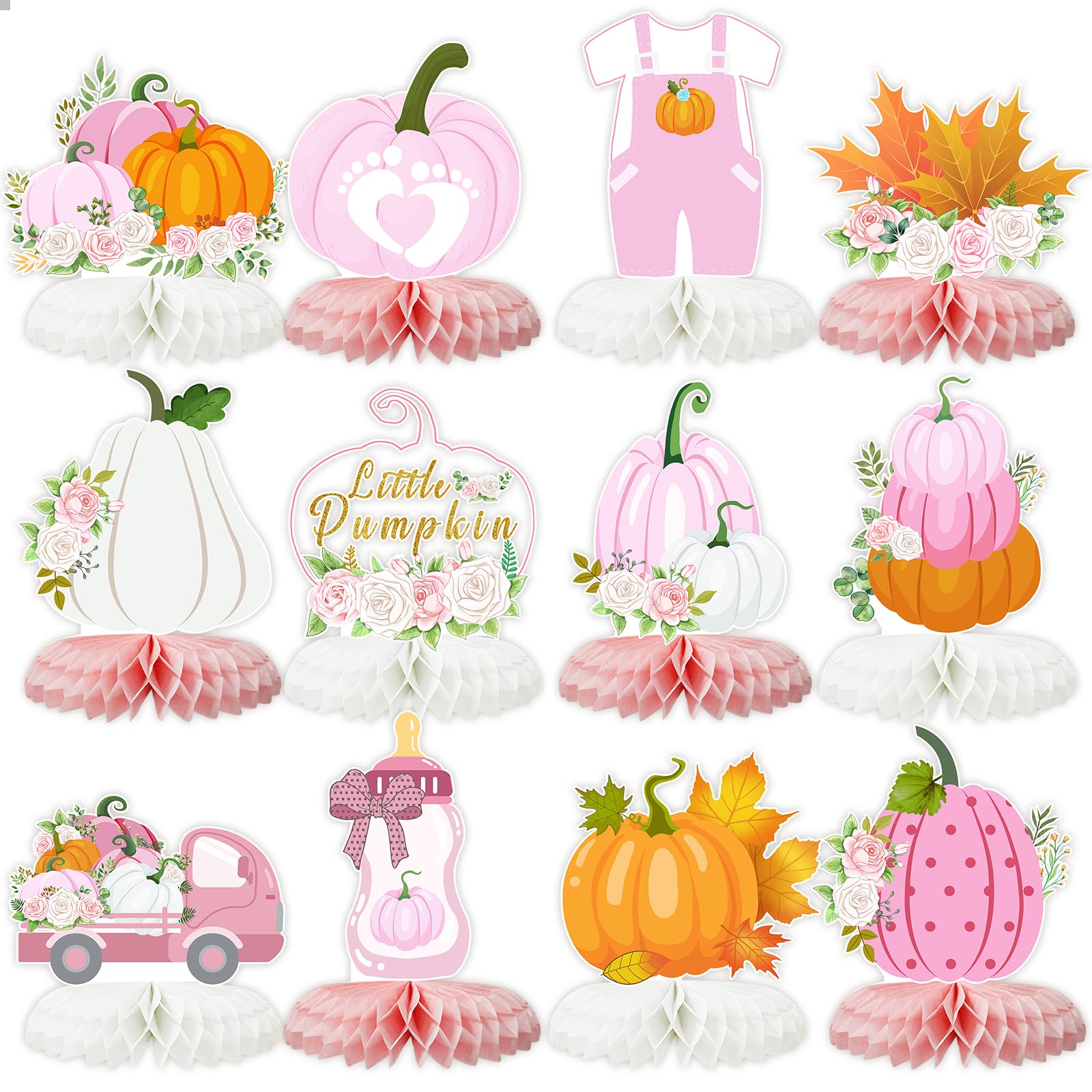 12PCS Little Pumpkin Baby Shower Decorations Honeycomb Centerpiece Fall Party Table Decor for Girls Pink Table Toppers Honeycomb 3D Table Decoration for Baby Shower Birthday Party Supplies