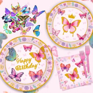 Butterfly Birthday Decorations Tableware Set,192 PCS Butterfly Birthday Party Supplies Serves 24 with Plates Napkins Tablecloth Cupcake Toppers and Banner for Butterfly Girl Birthday Party Decorations