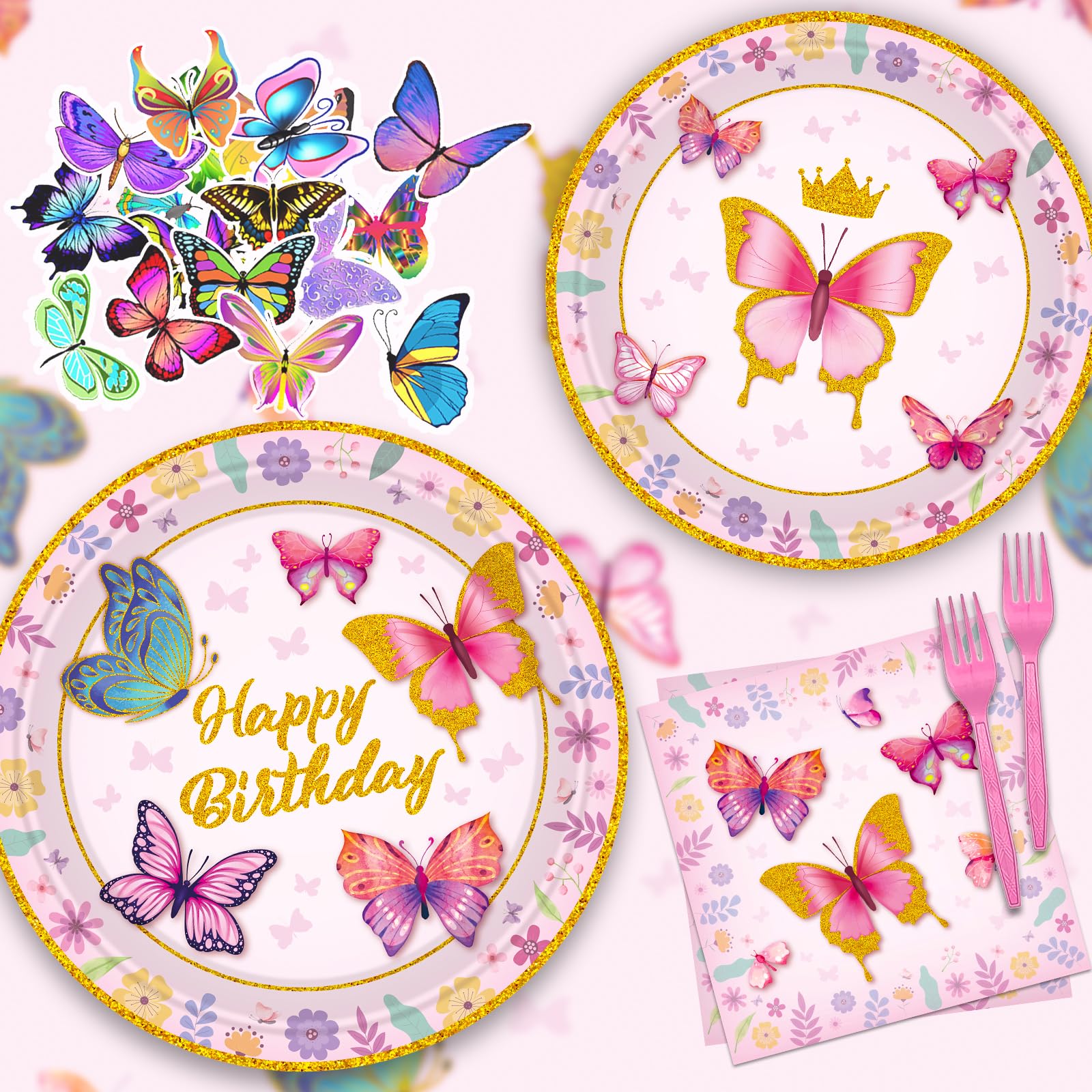 Butterfly Birthday Decorations Tableware Set,192 PCS Butterfly Birthday Party Supplies Serves 24 with Plates Napkins Tablecloth Cupcake Toppers and Banner for Butterfly Girl Birthday Party Decorations