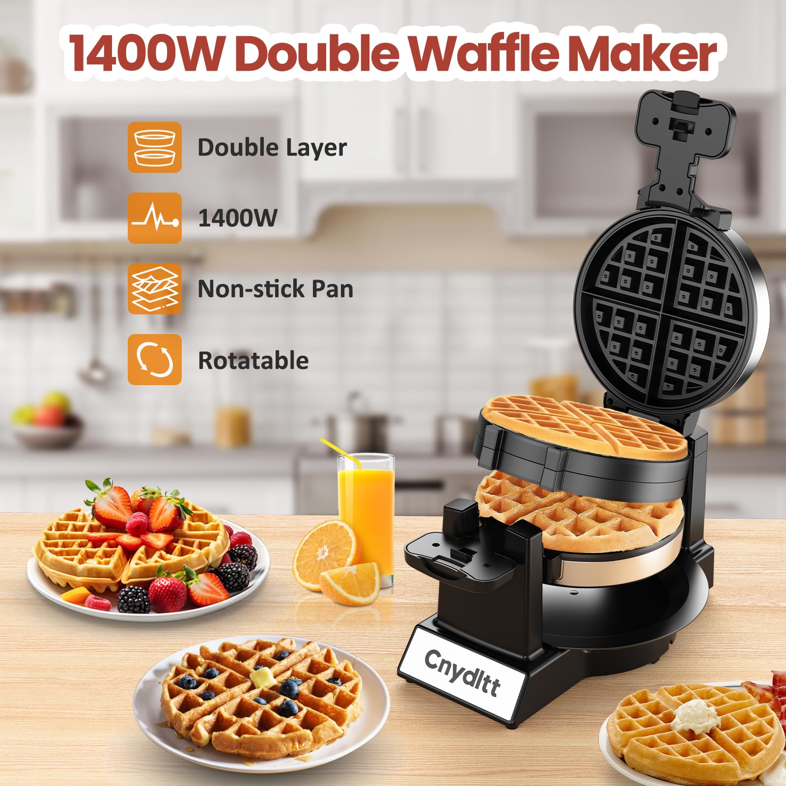 Cnydltt Double Waffle Maker, 1400W Rotating Belgian Waffle Iron with Nonstick Plates, 180° Flip, 8-Slice, Removable Drip Tray, Locking Lid & Cool Touch Handles, Stainless, Black