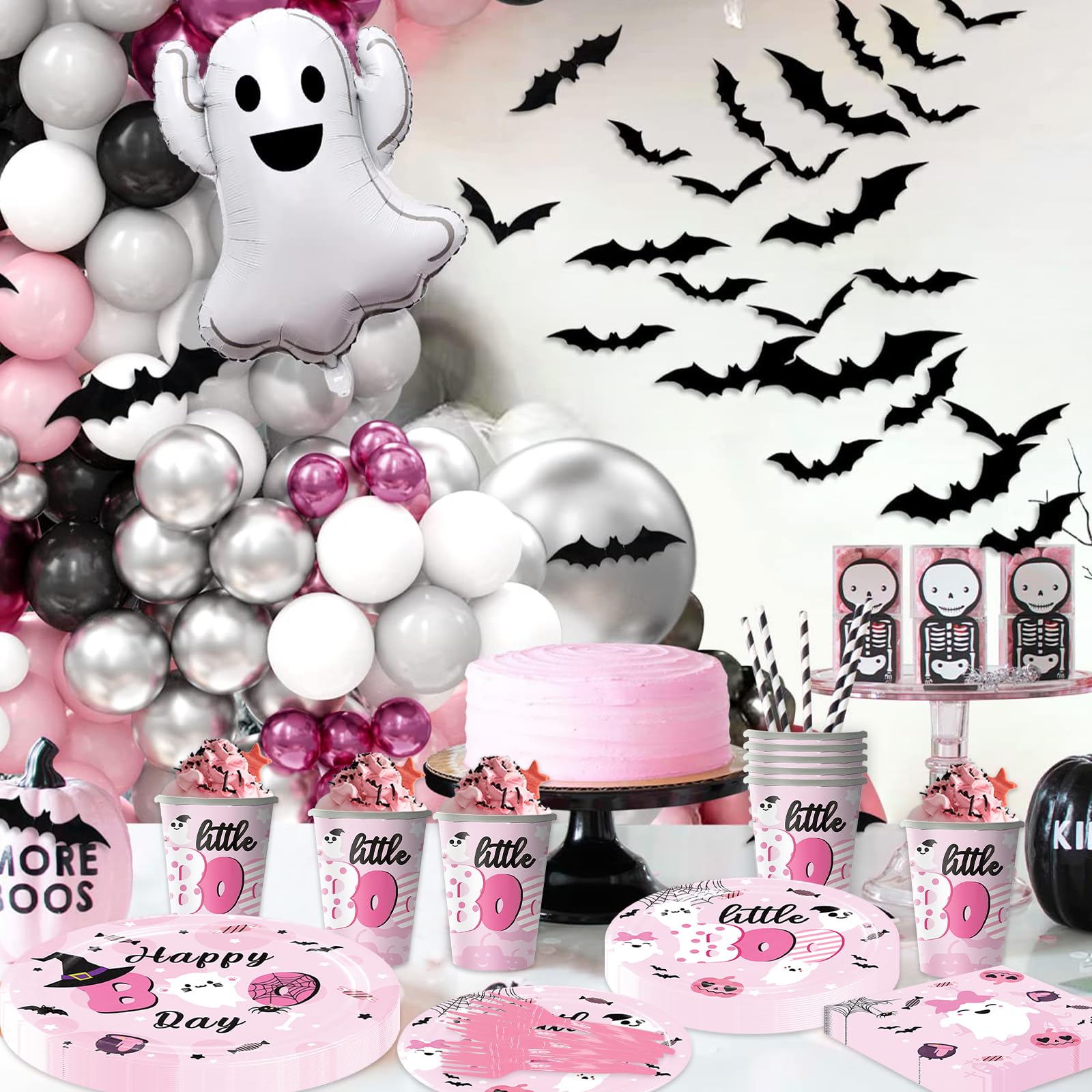 Happy BOO Day Birthday Party Decorations Set, Pink Halloween Birthday Plates,Napkins and Cups,Halloween Birthday Party Decorations for Girl, Girl Halloween Birthday Party Decorations,Serve 20 Guest.