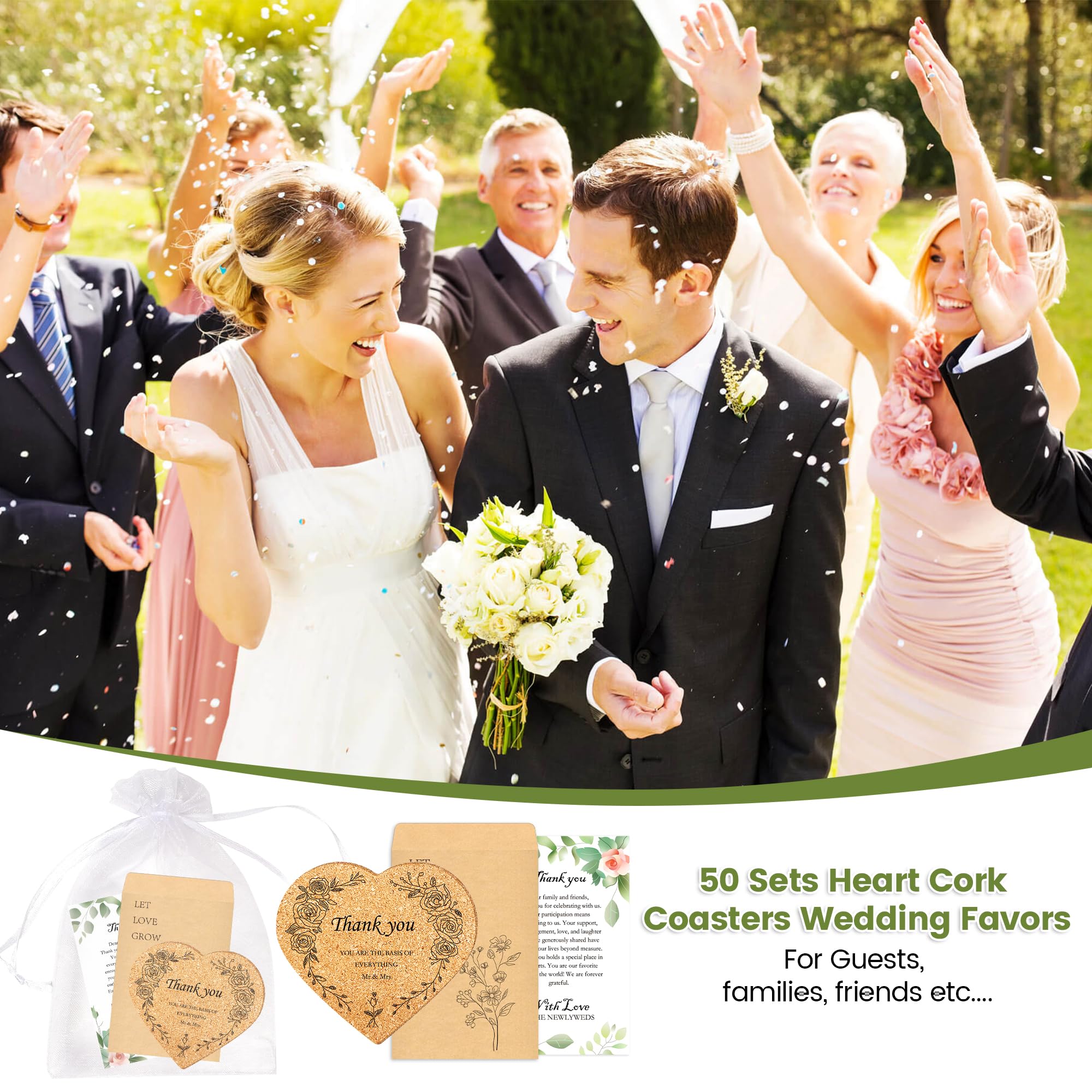 Muitcdo Wedding Party Favors for Guests Bulk 50, Bridal Shower Gifts with Thank You Gift Card Heart Cork Coasters Kraft Paper Packets Organza Bags, Wedding Welcome Bags Souvenirs Give Away Gift