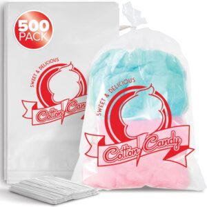 clear cotton candy bags with ties, bulk 500 count, cotton candy supplies perfect for cotton candy sticks and cotton candy cones, cotton candy bulk individual bags for cotton candy stand accessories