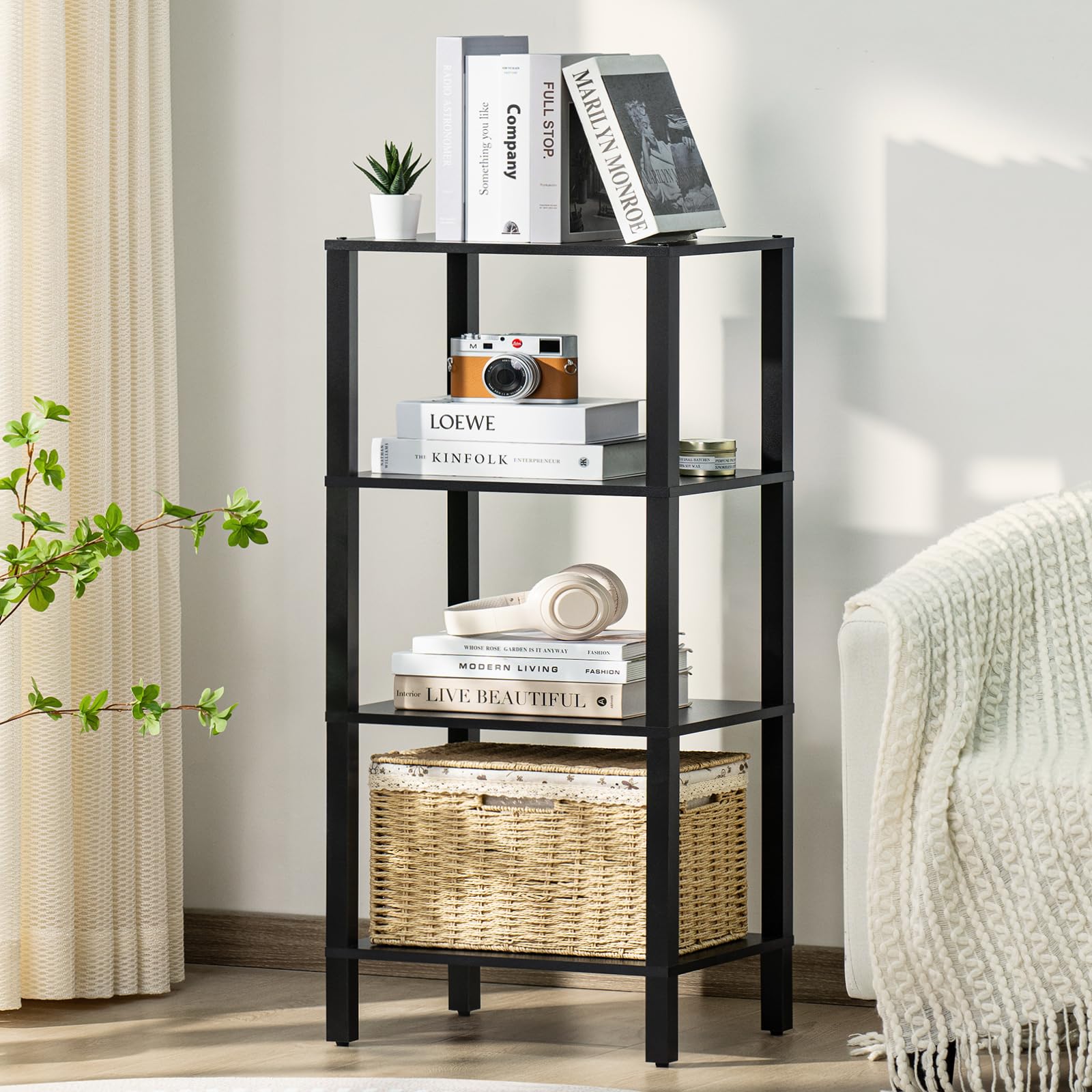 YUFAM 4 Tier Tall Wooden Bookshelf with Storage - Small Bookcase for Small Spaces, Small Shelf for Living Room, Office, Bedroom, Kitchen - Industrial Modern Black Book Shelf