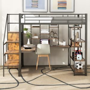 full size metal loft bed with storage staircase and small wardrobe, heavy duty loft bed frame with built-in desk and storage shelves for kids teens boys adults, maximize space saving (black-7.17)