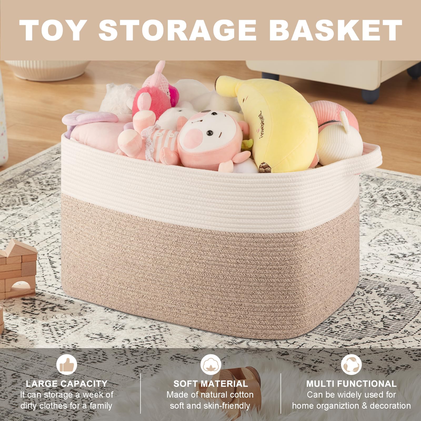 OIASKET Extra Large Laundry Basket, 90L Blanket Basket for Living Room, Cotton Rope Storage Basket, Toy Basket for Kids, Woven Basket for Clothes, Towels, Pillows, 24" x 17" x 14", Brown and White