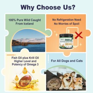 Omega 3 Fish Oil for Dogs, Dog Fish Oil Powder, Wild Caught Fish Oil, EPA&DHA, Krill Oil, Kelp, Dog Skin and Coat Supplement, Anti Itch & Shedding, Support Dry Skin, Joint Health, Dog Allergy Relief