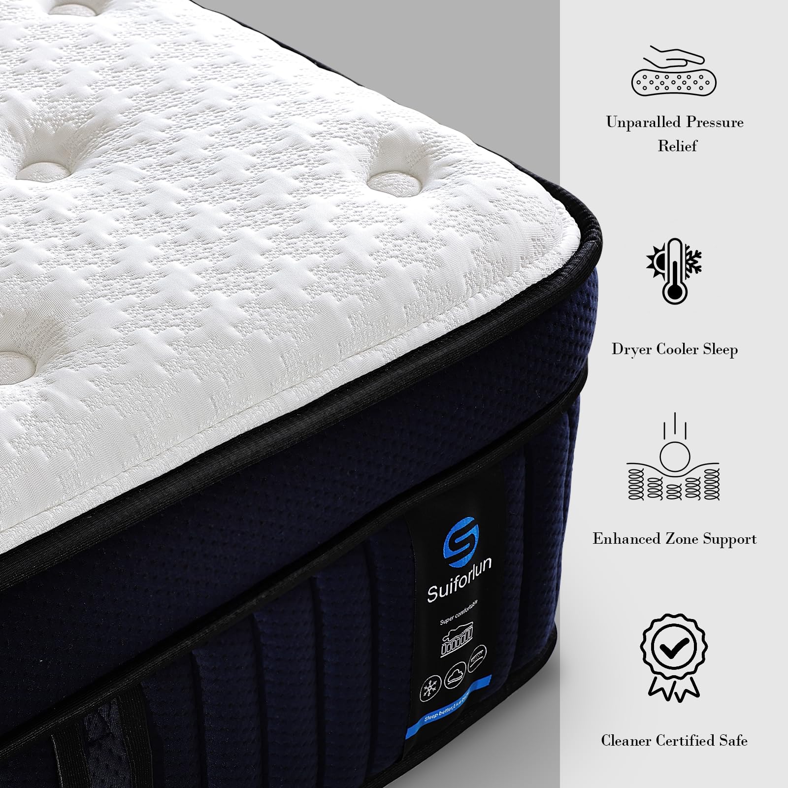 Suiforlun 14" Hybrid Mattress Queen with Ice Silk Cover, 7-Zone Pocketed Coils and Gel Memory Foam for Instant Cooling Comfort and Support, Euro Top Medium Firm Mattress in A Box, 120 Nights Trial