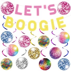 26 pcs disco party decorations disco party ball hanging swirls lets boogie banner and hanging swirls for 70s 80s disco themed birthday new year's party supplies