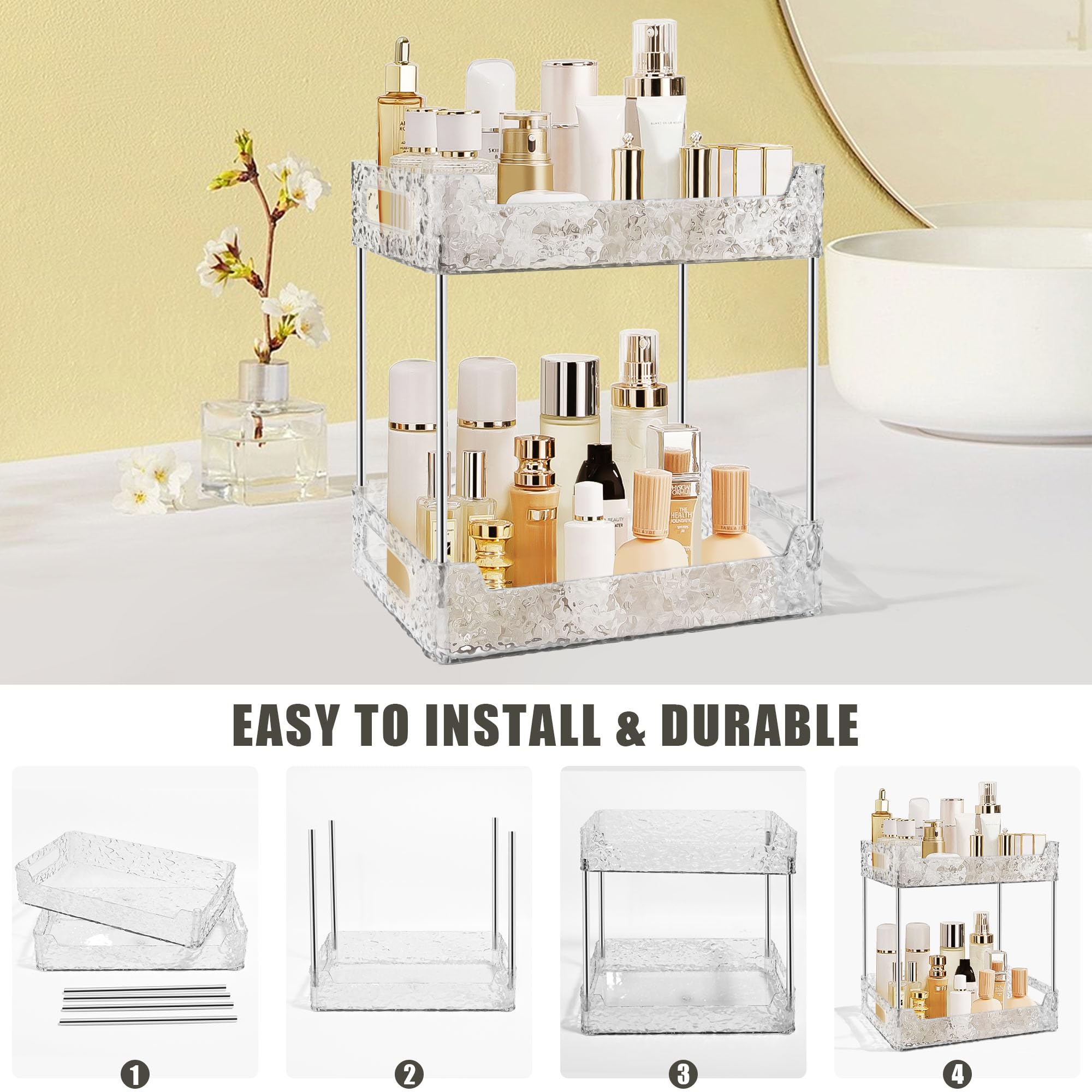 TENDER EPOCH 2-Tier Bathroom Counter Organizer Countertop Storage, Dresser Organizer Vanity Tray for Makeup, Perfume Organizer Cosmetics Skincare Shelf Organizer - Clear