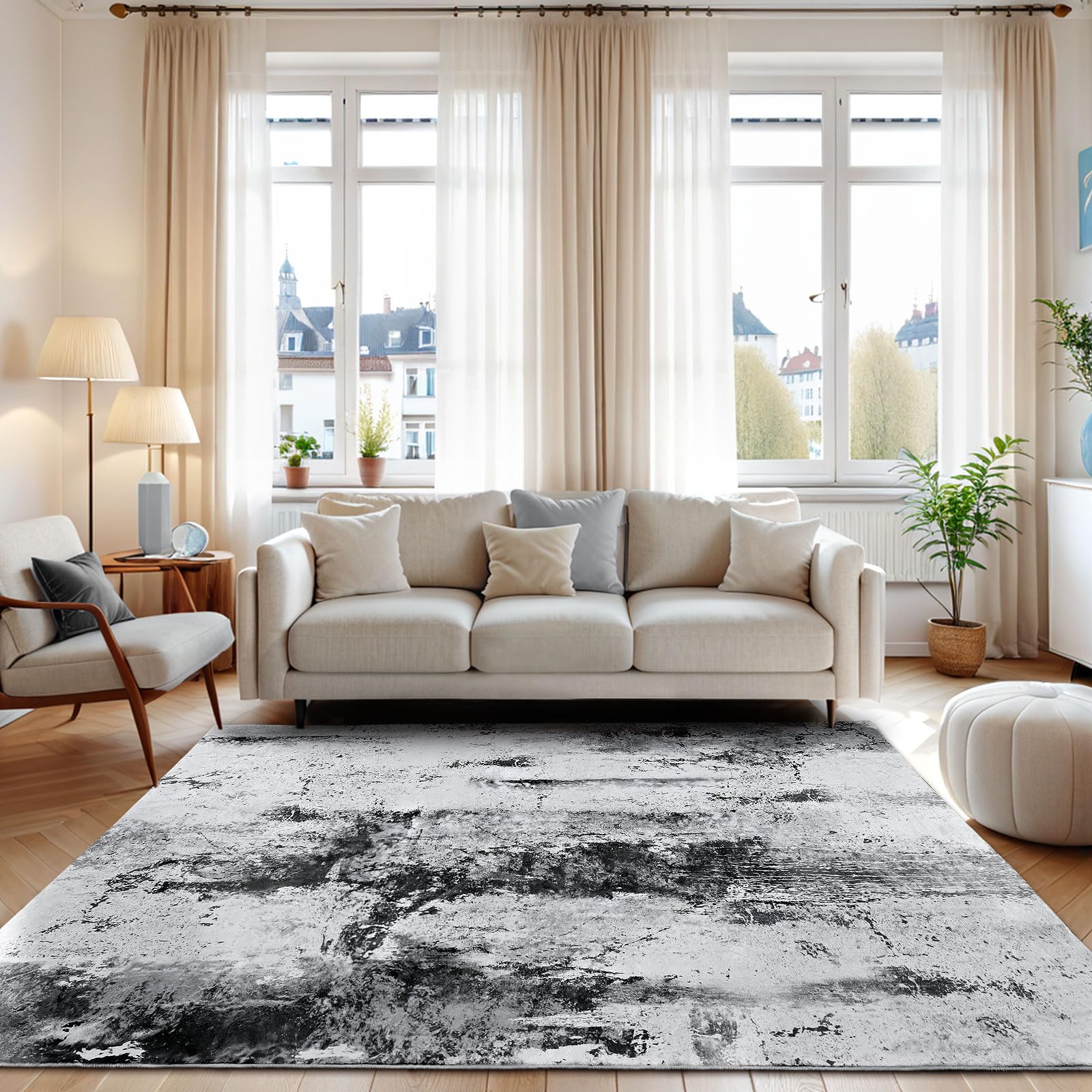 Washable Abstract Area Rug, 5x7 Grey Modern Living Room Rug, Non-Slip Non-Shedding Bedroom Rug, Indoor Rugs, Stain Resistant Rug for Dining Room, Bedside, Kitchen, Entryway and Dorm