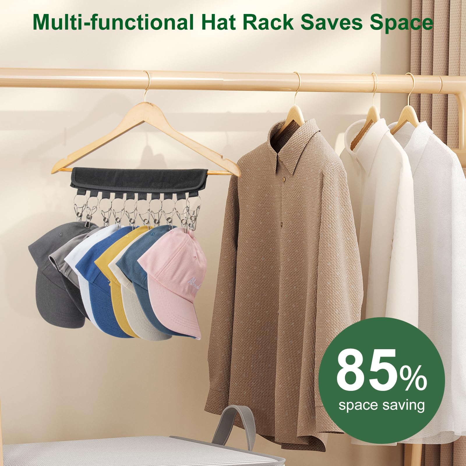 2PCS ksricfy Hat Rack for Baseball Caps, Hat Organizer for Closet, Hat Hanger Space Saving 85% with 10 Clips, Collapsible Hat Holder Fit All Caps for Men Wome