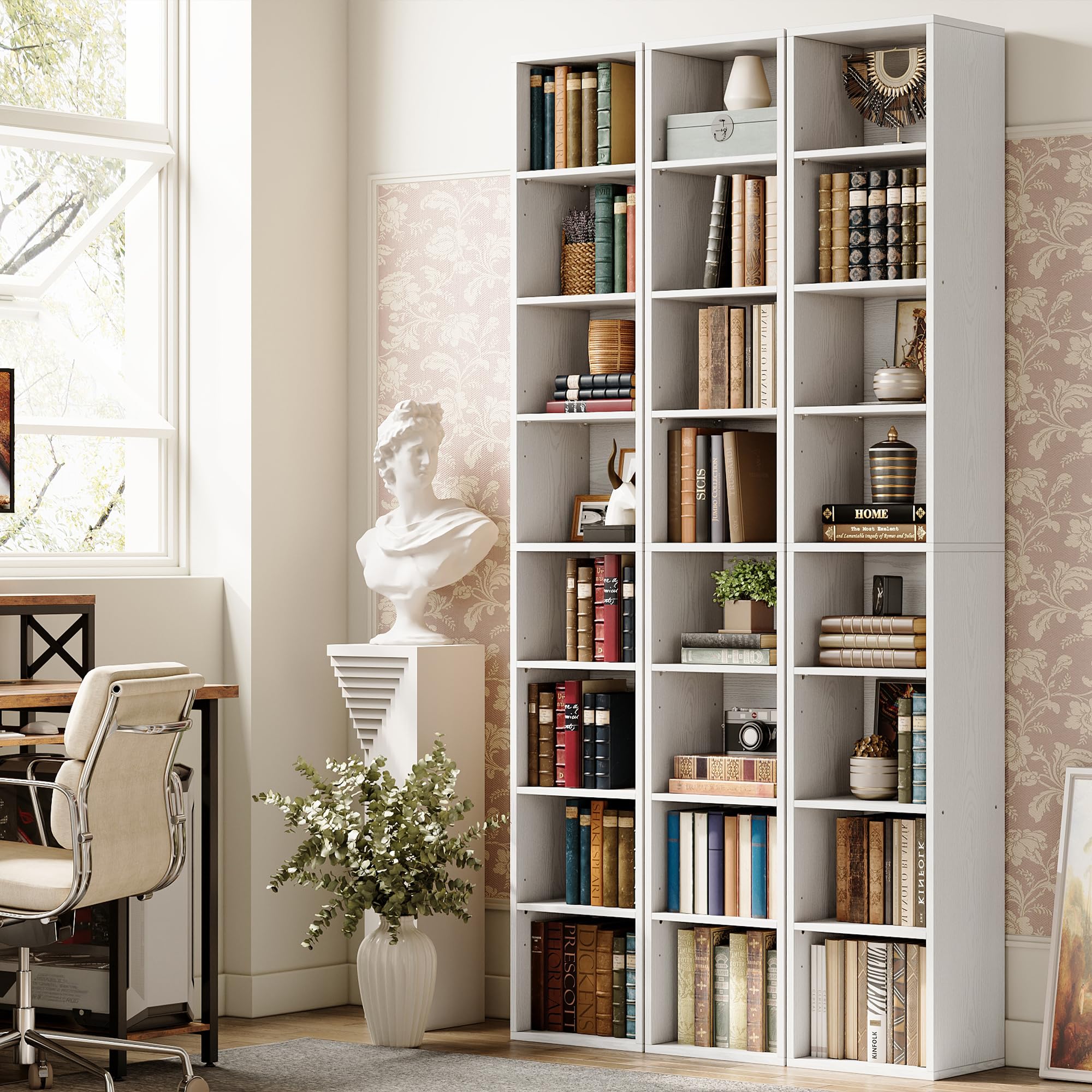 IRONCK Tall Narrow Bookshelf 8 Tiers, Compact Corner Bookcase, Easy to Match for Living Room, Office, Study, Bedroom, White