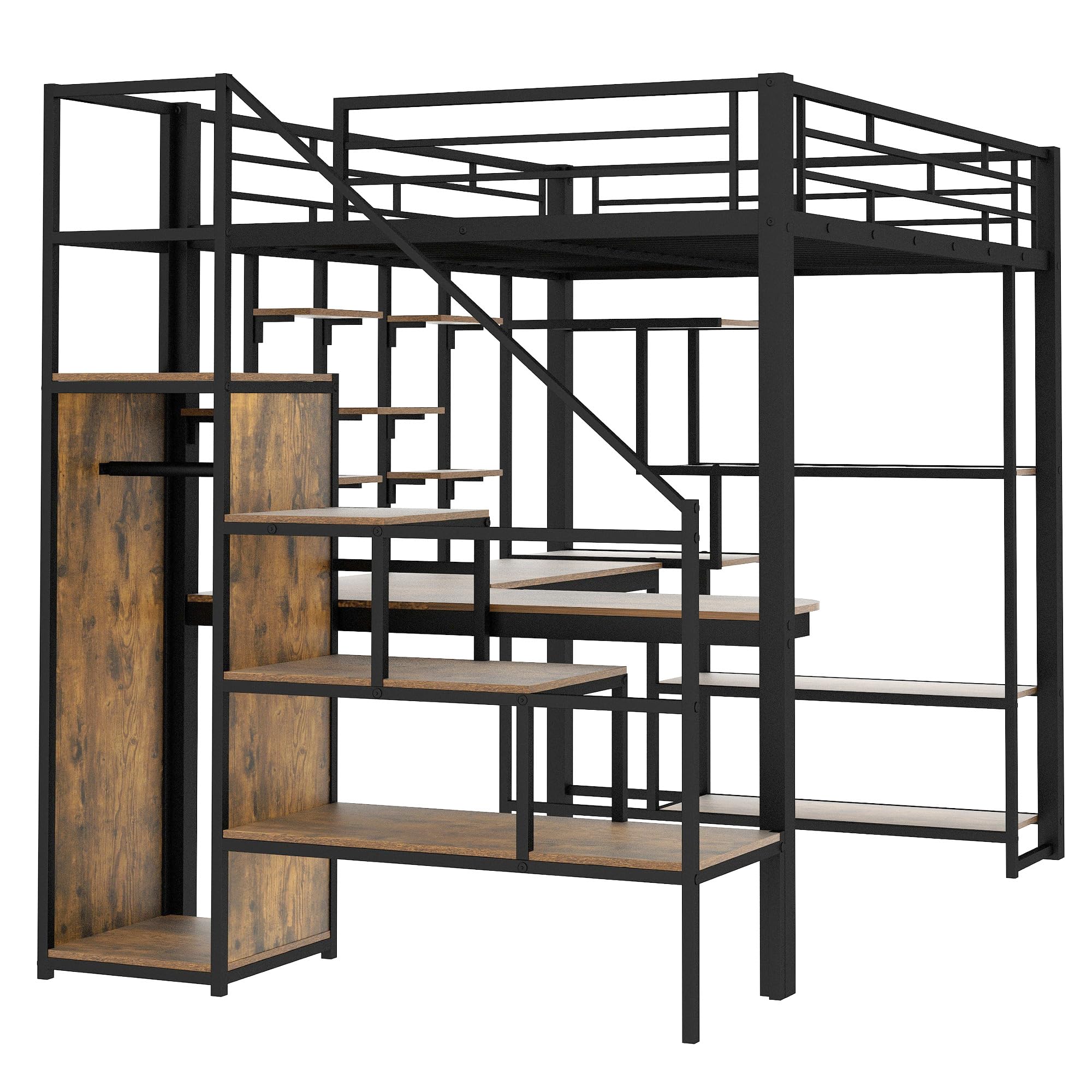 Full Size Metal Loft Bed with Storage Staircase and Small Wardrobe, Heavy Duty Loft Bed Frame with Built-in Desk and Storage Shelves for Kids Teens Boys Adults, Maximize Space Saving (Black-7.17)