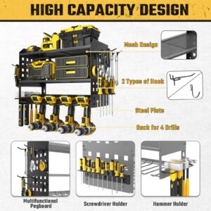 Spacecare Power Tool Organizer, Drill Holder Wall Mount with 2 Side Pegboards with Hooks, 3 Layer Garage Organization Floating Cordless Heavy Duty Tool Organizers Utility Rack for 4Drill Holders Black