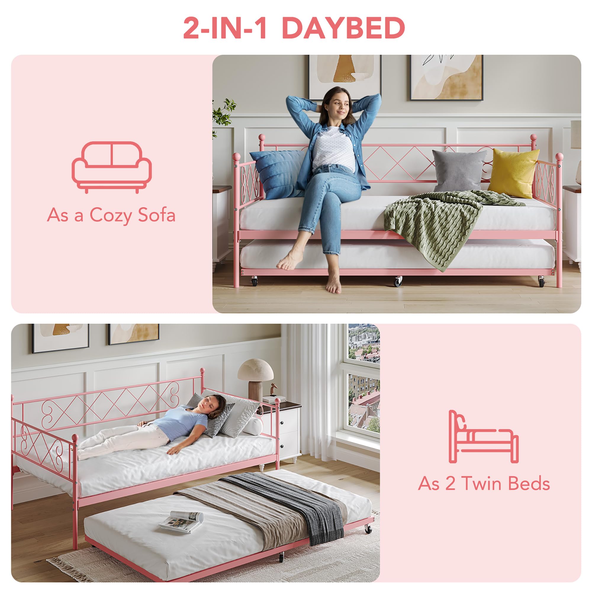 GarveeHome Twin Metal Daybed with Trundle, Premium Steel Slat Support, Space Saving Trundle Sofa Bed for Living Room, Bedroom and Guest Room, Pink