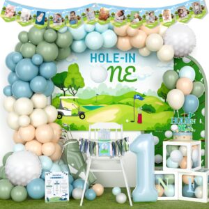 hombae hole in one birthday party decorations, golf first birthday decorations, 1st birthday decorations boys, golf themed backdrop balloon garland banner cake topper crown poster boxes cutout