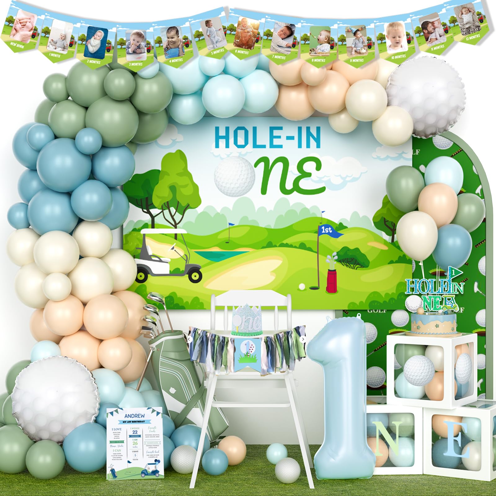 Hombae Hole in One Birthday Party Decorations, Golf First Birthday Decorations, 1st Birthday Decorations Boys, Golf Themed Backdrop Balloon Garland Banner Cake Topper Crown Poster Boxes Cutout