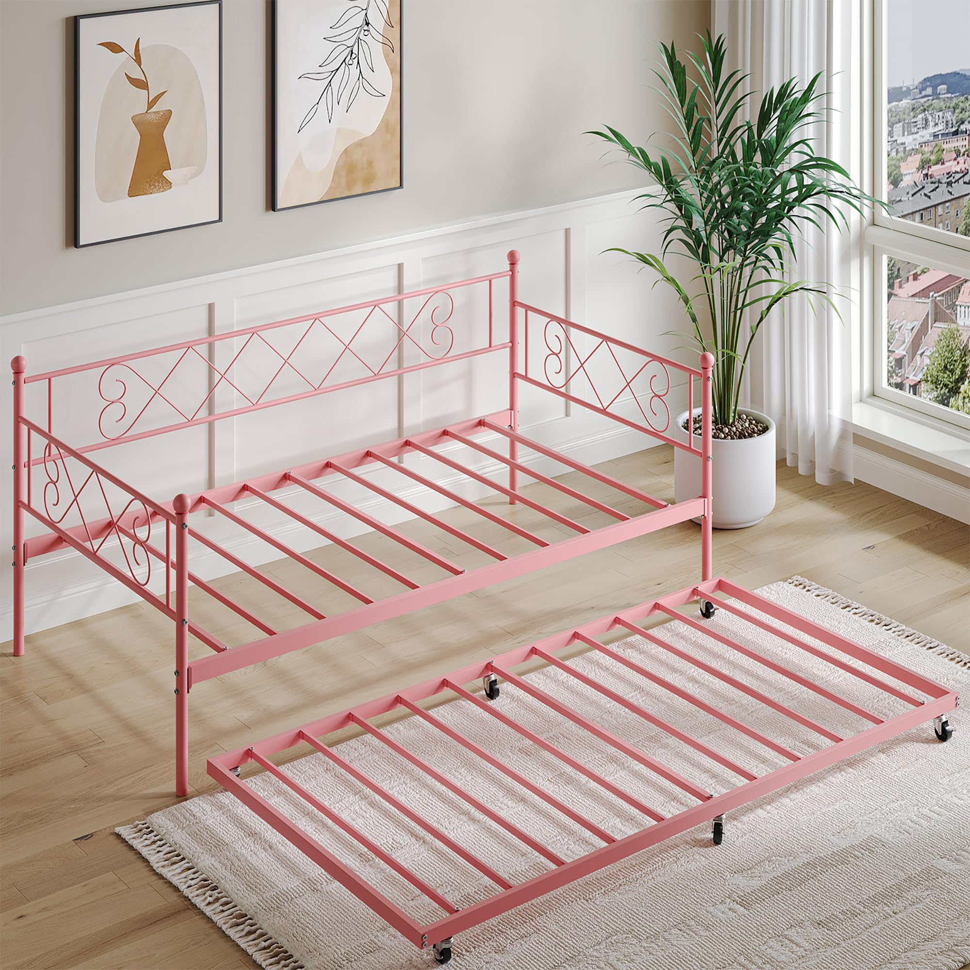 GarveeHome Twin Metal Daybed with Trundle, Premium Steel Slat Support, Space Saving Trundle Sofa Bed for Living Room, Bedroom and Guest Room, Pink