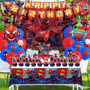 Birthday Party Supplies,Spider Theme Style Party Decorations Include Happy Birthday Banner,Backdrop,Tablecover,Cake Toppers,Cupcake Toppers,Spiral Charms and Latex Balloons Set