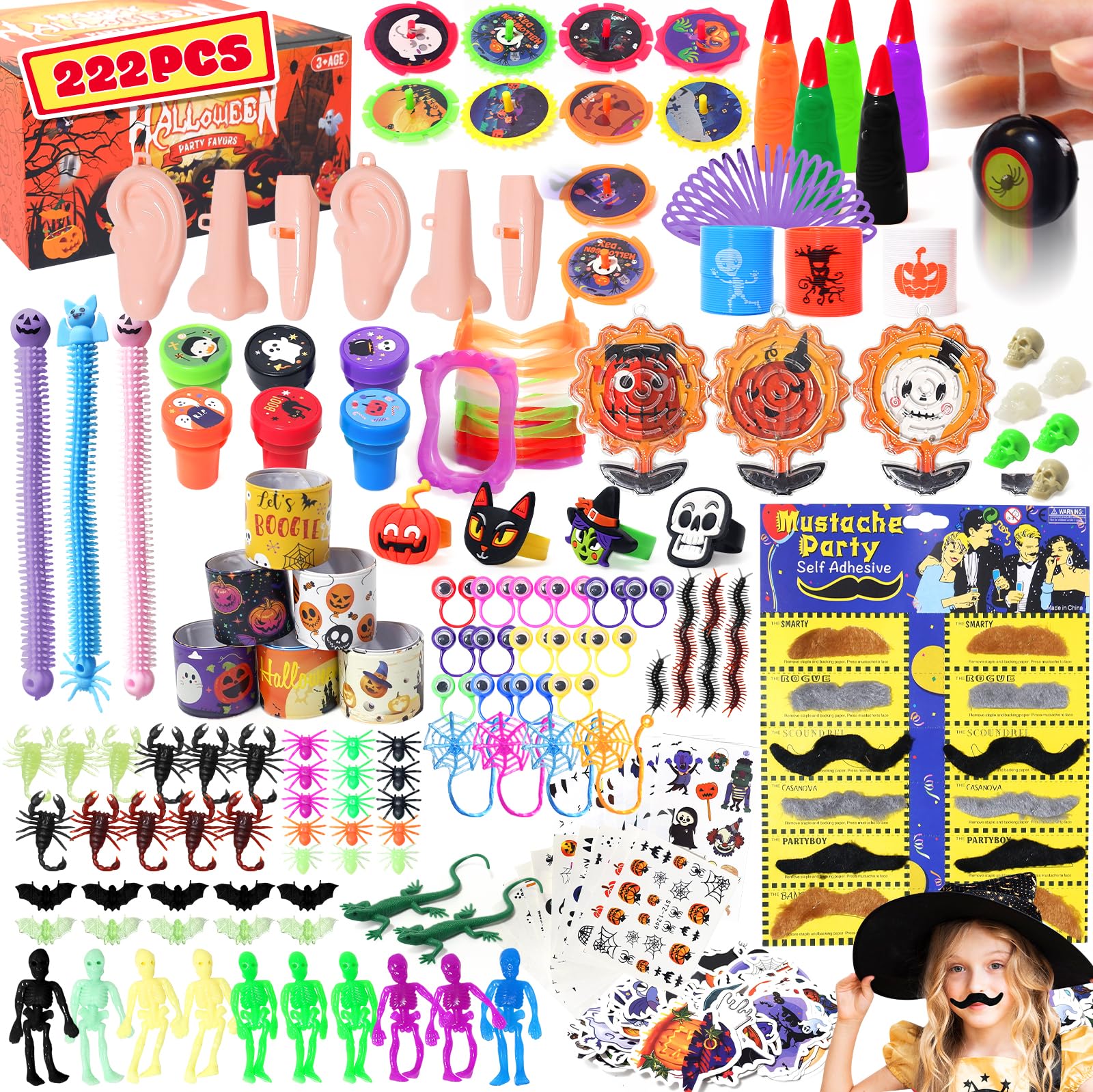 YMGN 222Pcs Halloween Party Favors for Kids, Bulk Fidget Toys for Party Supplies, Halloween Treats Non Candy School Classroom Carnival Prizes, Goody Bag Fillers Halloween Prizes Box