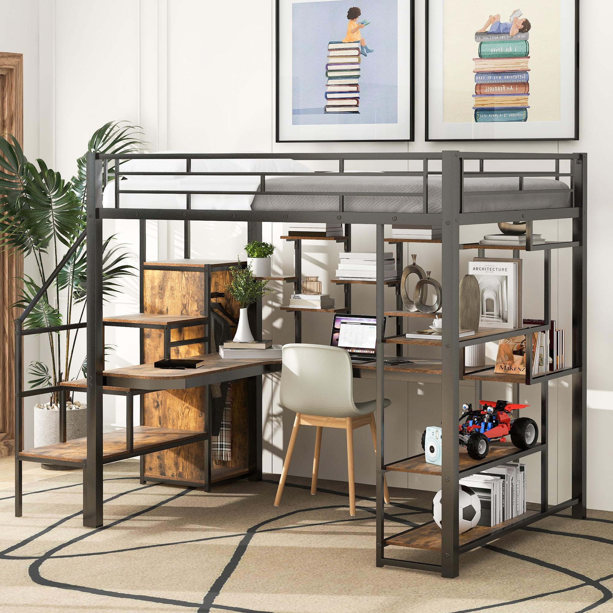 Full Size Metal Loft Bed with Storage Staircase and Small Wardrobe, Heavy Duty Loft Bed Frame with Built-in Desk and Storage Shelves for Kids Teens Boys Adults, Maximize Space Saving (Black-7.17)