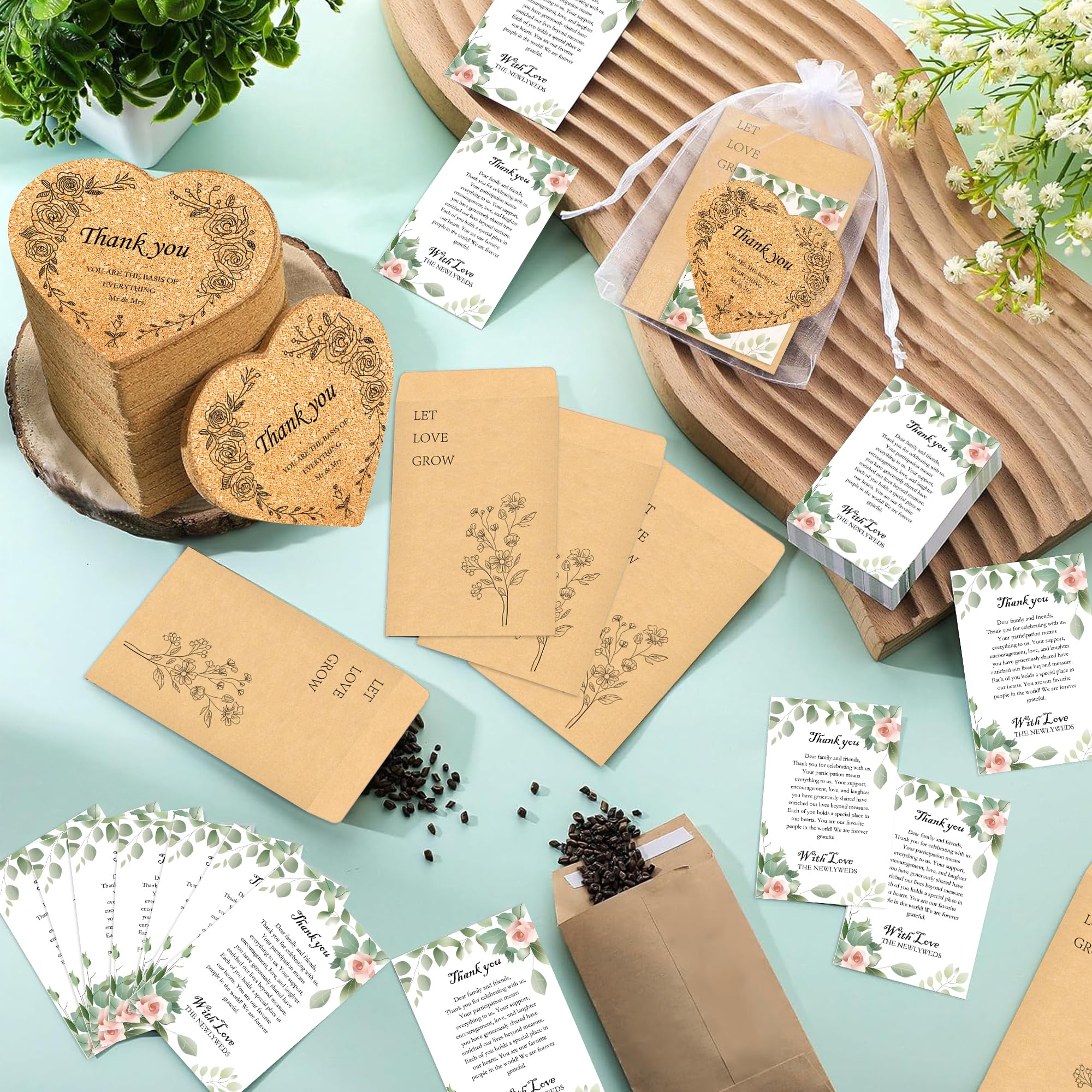 Muitcdo Wedding Party Favors for Guests Bulk 50, Bridal Shower Gifts with Thank You Gift Card Heart Cork Coasters Kraft Paper Packets Organza Bags, Wedding Welcome Bags Souvenirs Give Away Gift