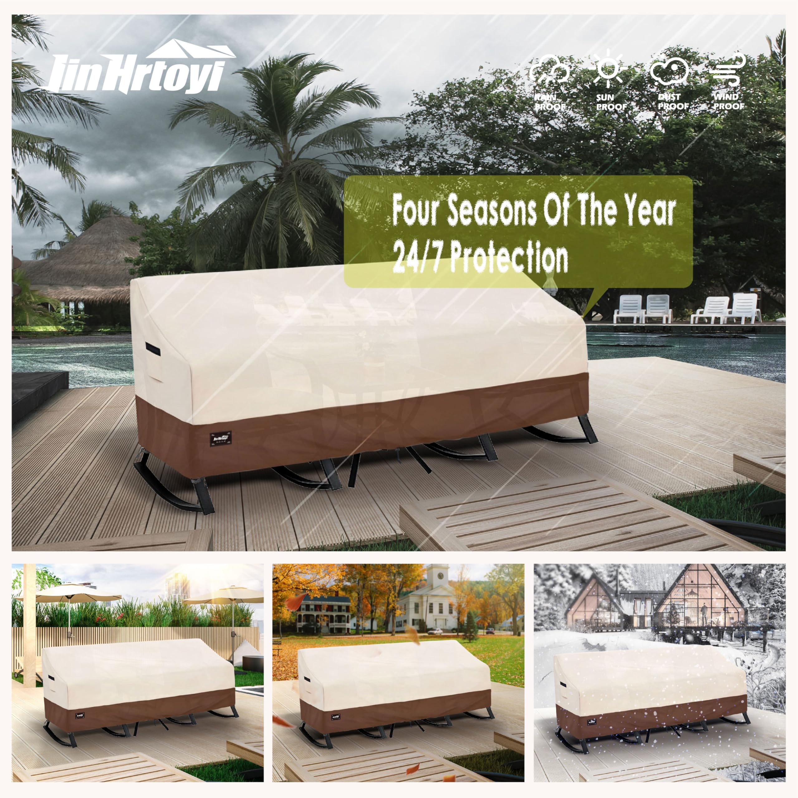 Jin Hrtoyi 3 Piece Outdoor Patio Set Furniture Cover,Garden Furniture Cover,64"Wx25"Dx28"H,100% Waterproof(600D), Fit for Rattan Chair Conversation Sets for Patio Bistro, Beige & Brown