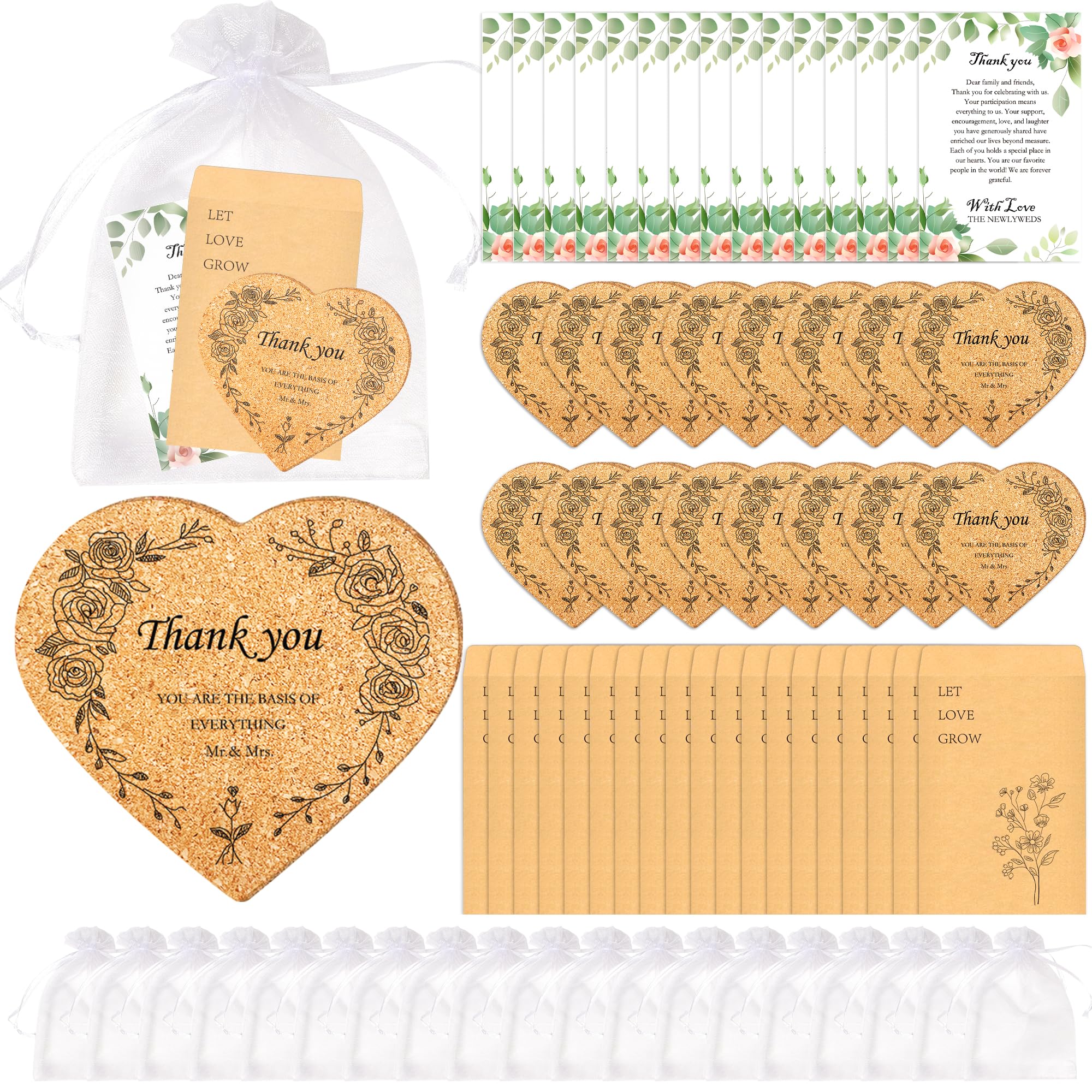 Muitcdo Wedding Party Favors for Guests Bulk 50, Bridal Shower Gifts with Thank You Gift Card Heart Cork Coasters Kraft Paper Packets Organza Bags, Wedding Welcome Bags Souvenirs Give Away Gift