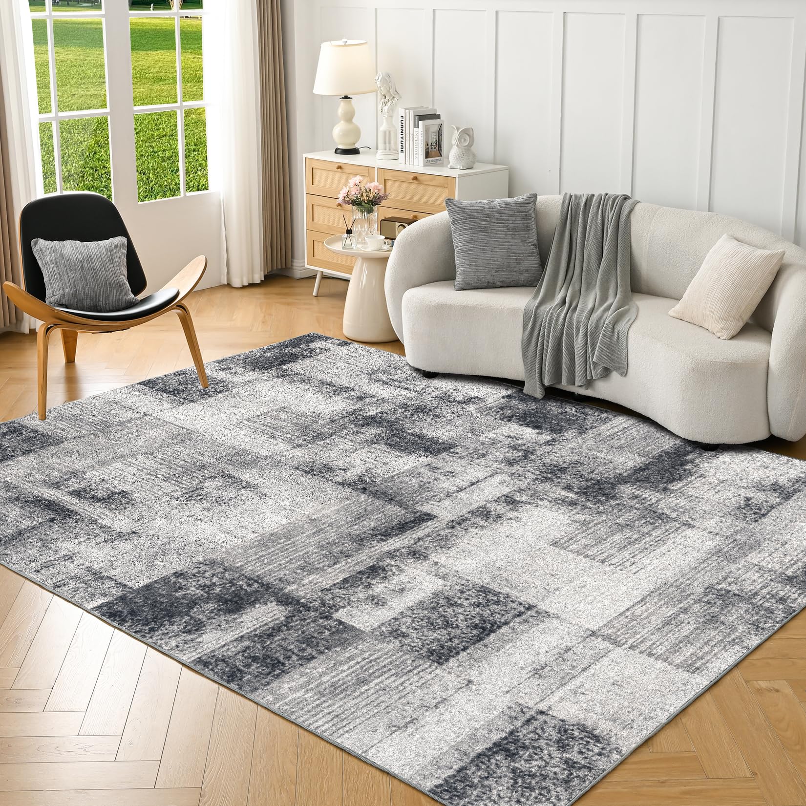 INGEROOM Washable Rug - 5x7 Area Rugs Abstract Soft Machine Washable Rug with Non-Slip Backing for Living Room, Bedroom, Dining Room (Gray and Black, 5'x7' Feet)