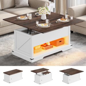 yitahome lift top coffee table for living room, 3 in 1 multi-functional led coffee table with storage, wood farmhouse coffee table with hidden compartment, lift top dining table, white & brown