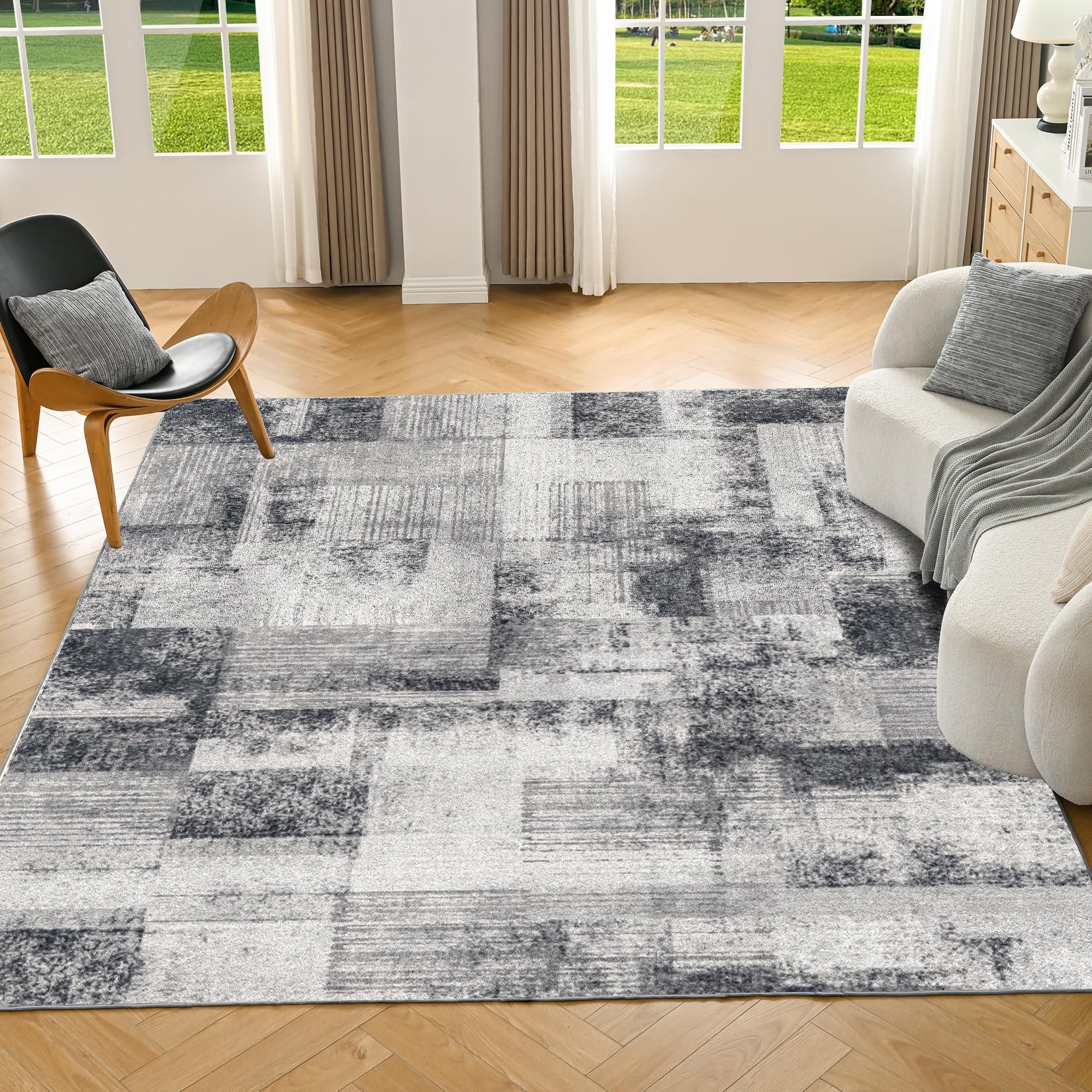 INGEROOM Washable Rug - 5x7 Area Rugs Abstract Soft Machine Washable Rug with Non-Slip Backing for Living Room, Bedroom, Dining Room (Gray and Black, 5'x7' Feet)