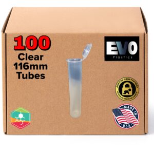 100 clear 116mm open cap pop top tubes, airtight plastic medical grade prescription bottles, usa made, bpa free, biocompatible