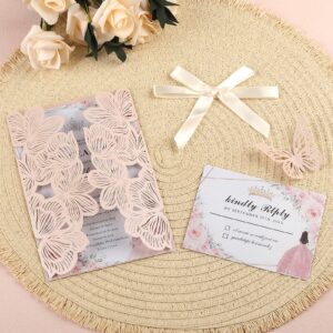 50pcs Pink Wedding Invitations Personalized with Envelopes and RSVP Cards Blank Laser Cut Hollow Flower Invitation Kits Butterfly Invitations for Engagement Wedding Birthday Party Bridal Shower