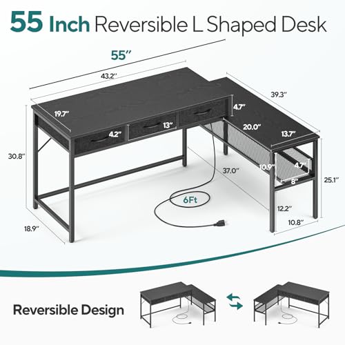 sun yet 55" L Shaped Gaming Desk with Power Outlet, Reversible Computer Desk with Drawers, 40.5" Large Legroom Corner Gaming Desk, Unique Grid Design, Home Office Desks L-Shaped Gaming Table, Black