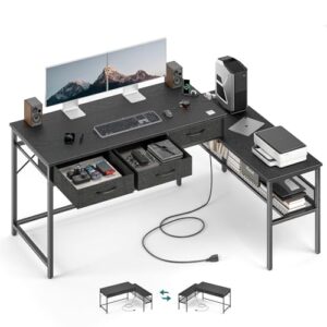 sun yet 55" l shaped gaming desk with power outlet, reversible computer desk with drawers, 40.5" large legroom corner gaming desk, unique grid design, home office desks l-shaped gaming table, black