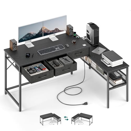 sun yet 55" L Shaped Gaming Desk with Power Outlet, Reversible Computer Desk with Drawers, 40.5" Large Legroom Corner Gaming Desk, Unique Grid Design, Home Office Desks L-Shaped Gaming Table, Black