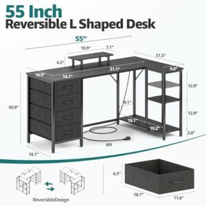 55" L Shaped Computer Desk with 4 Drawers and Power Outlet, Corner Desk with Monitor Stand & Reversible Storage Shelves, Writing Study Gaming Desks for Bedroom Office, Black