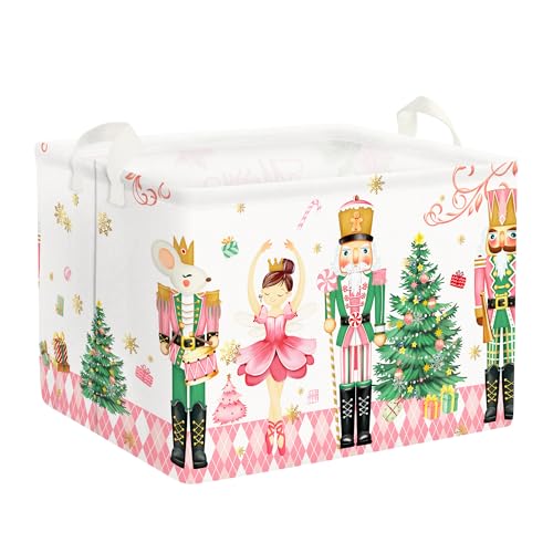 Clastyle Large Pink Nutcracker Decor Basket Diamond Plaid Christmas Tree Gift Basket Soldier Mouse Ballet Girl Clothes Storage Cube Collapsible Rectangle Toy Book Shelf Basket