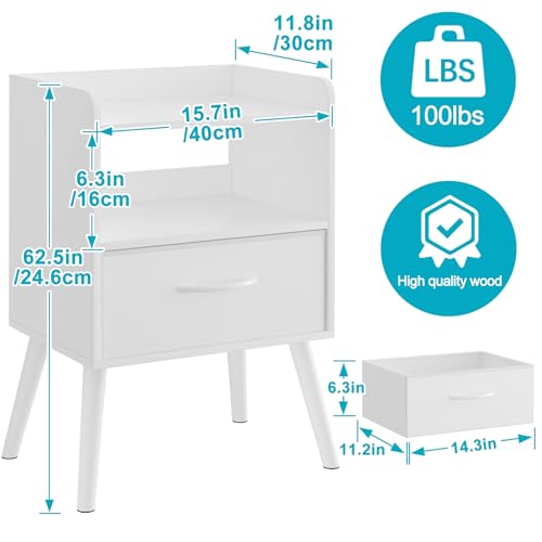 White Nightstand with Open Shelf,Small Night Stand Bedroom Bedside Table with Drawer Storage,Side Table End Table with Solid Wood Feet,Mid Century Night Stands for Office Home Sofa Couch(White)