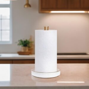 VROOMIUM Gold Paper Towel Holder Countertop, Ceramic Base Easy-to-Clean, 1.4 lbs, 7" B x 12.5" H, Stable Elegant and Durable Kitchen Roll Stand