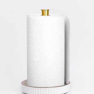 VROOMIUM Gold Paper Towel Holder Countertop, Ceramic Base Easy-to-Clean, 1.4 lbs, 7" B x 12.5" H, Stable Elegant and Durable Kitchen Roll Stand