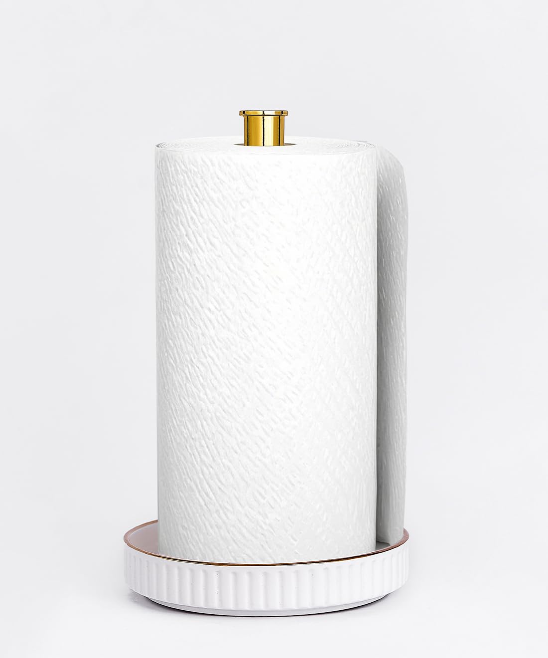 VROOMIUM Gold Paper Towel Holder Countertop, Ceramic Base Easy-to-Clean, 1.4 lbs, 7" B x 12.5" H, Stable Elegant and Durable Kitchen Roll Stand