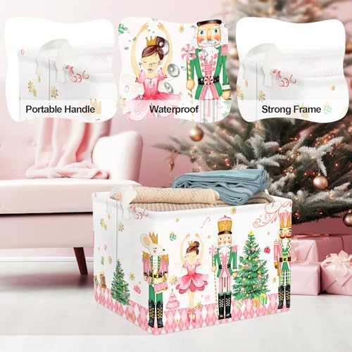 Clastyle Large Pink Nutcracker Decor Basket Diamond Plaid Christmas Tree Gift Basket Soldier Mouse Ballet Girl Clothes Storage Cube Collapsible Rectangle Toy Book Shelf Basket