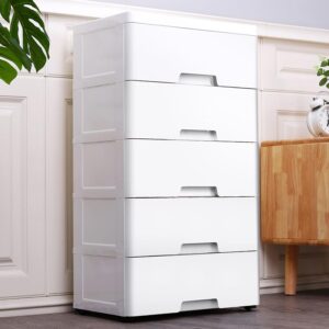 holmzced 5 tiers storage cabinet with drawers, stackable vertical storage tower with removable wheels mobile plastic storage organizer unit with large capacity white for bedroom living room entrance