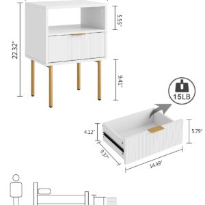 Aienvey Nightstand, Drawer Night Stand for Bedroom, Small Side Table with Drawer, Bedside Furniture, End Table with Gold Frame for Bedroom, Living Room (White Stripe, 1 Drawer)