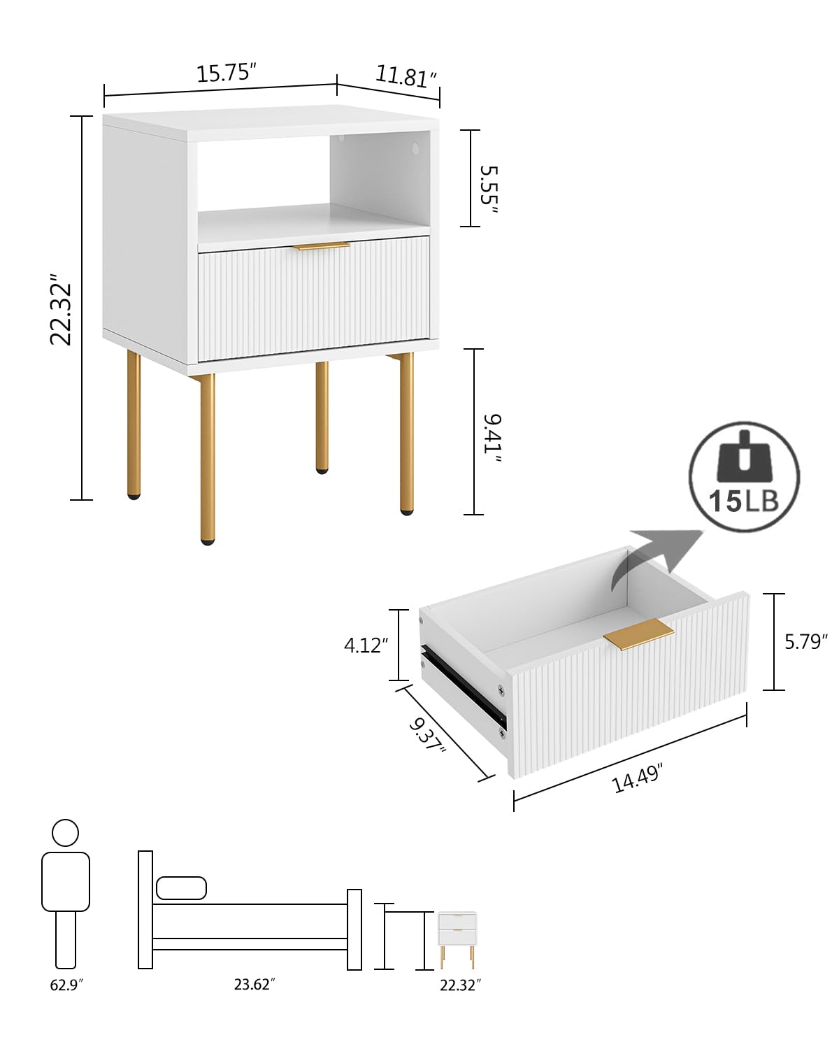 Aienvey Nightstand, Drawer Night Stand for Bedroom, Small Side Table with Drawer, Bedside Furniture, End Table with Gold Frame for Bedroom, Living Room (White Stripe, 1 Drawer)