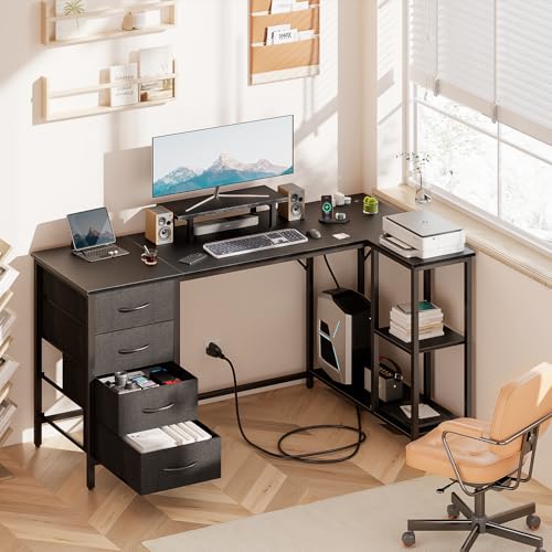 55" L Shaped Computer Desk with 4 Drawers and Power Outlet, Corner Desk with Monitor Stand & Reversible Storage Shelves, Writing Study Gaming Desks for Bedroom Office, Black